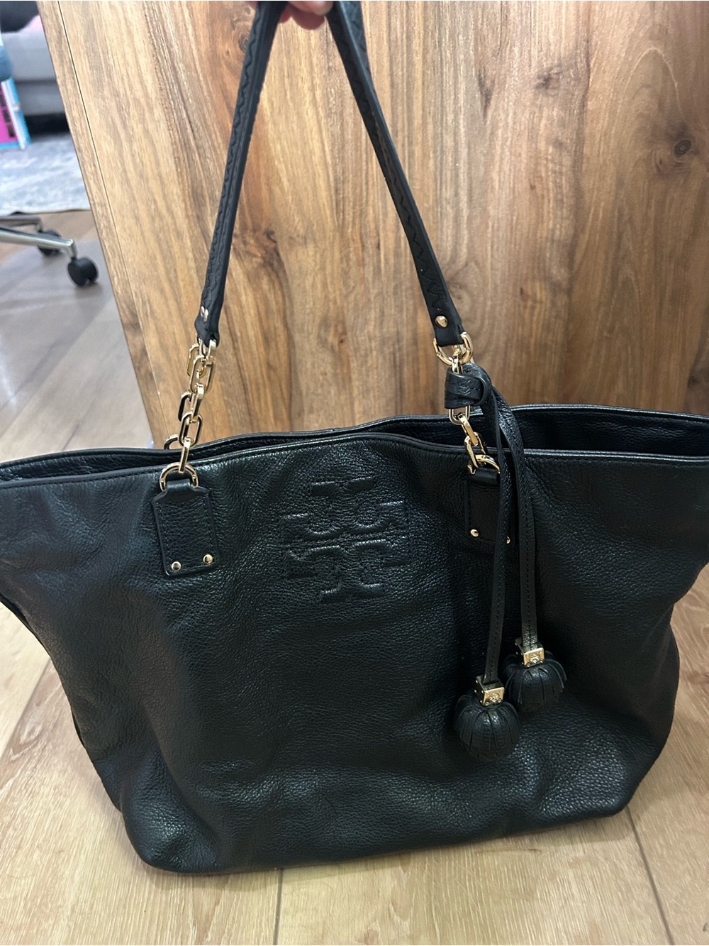 Tory Burch Black Leather Tote with Tassel Charm and Gold Hardware